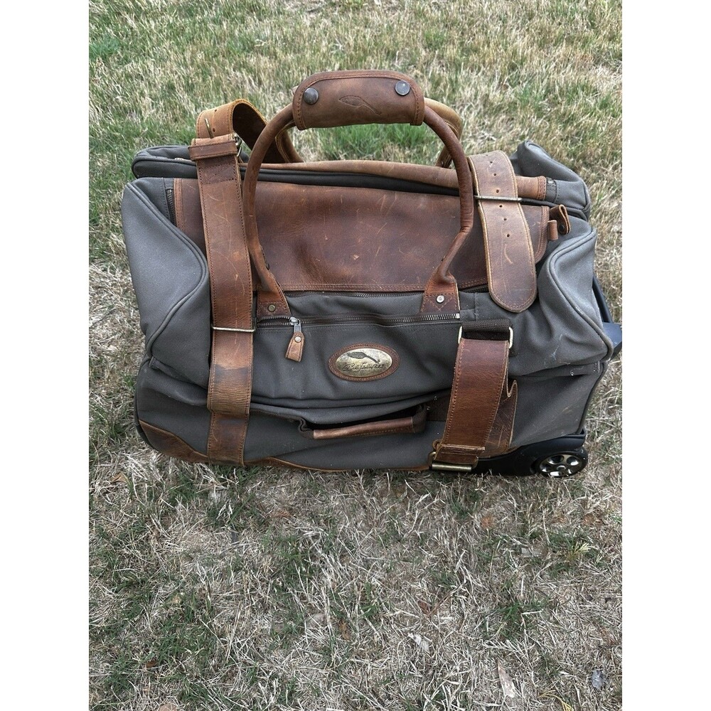 Bob Timberlake Wheeled Trunk Luggage Duffle Bag Tan canvas Brown Oiled Leather